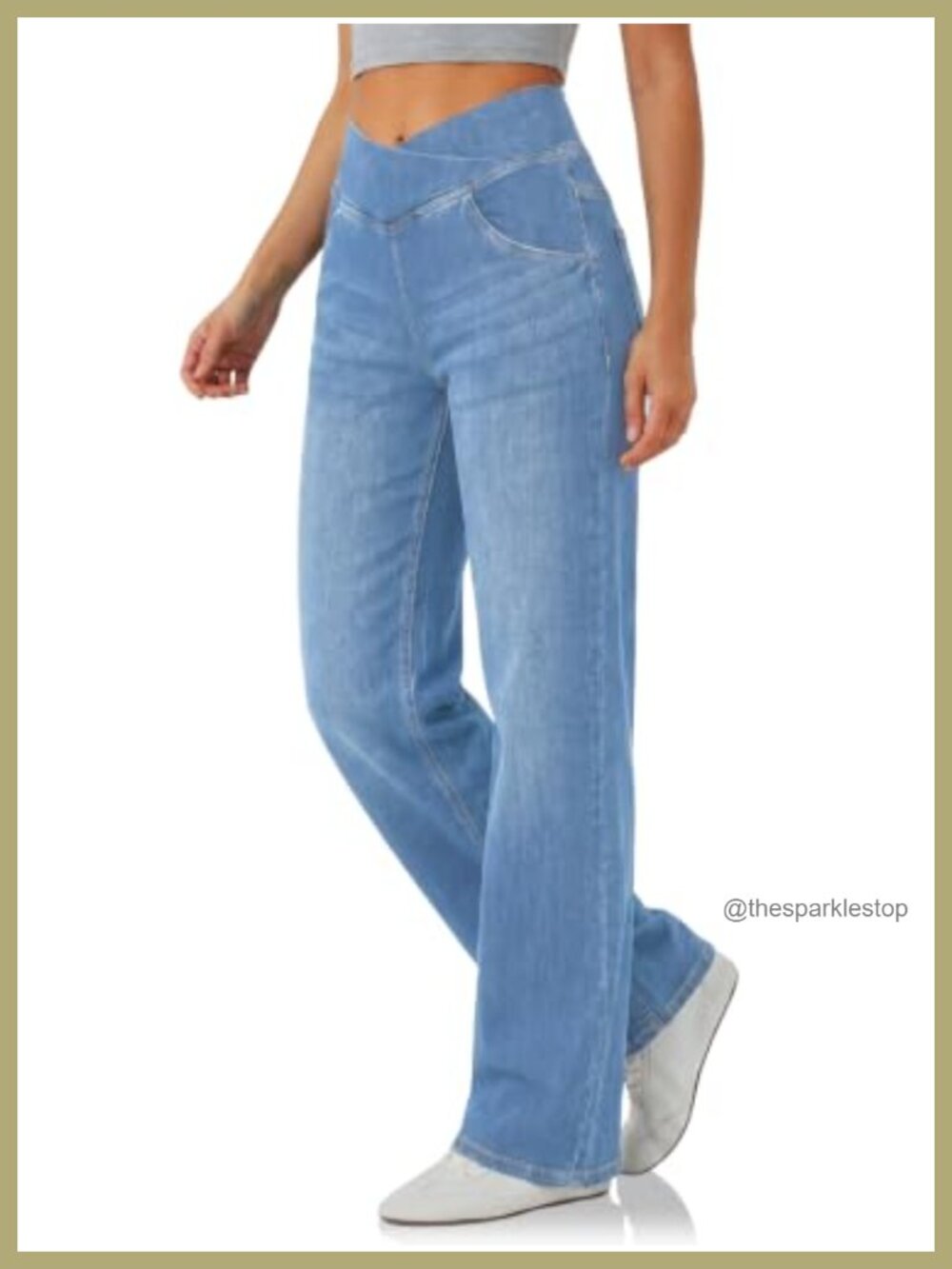 Wide Leg Pull On Jeans Stretch Knit Denim Crossover High Rise Pants